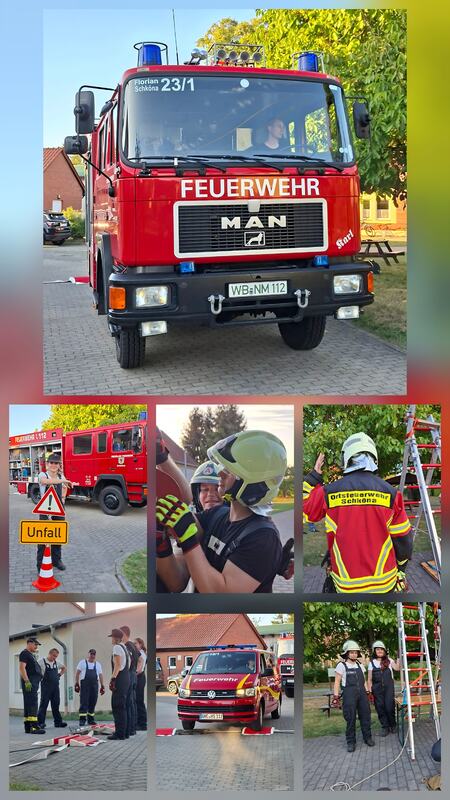Collage der Freiwilligen Feuerwehr Schköna: Löschfahrzeuge, Kameradinnen und Kameraden, August 2026