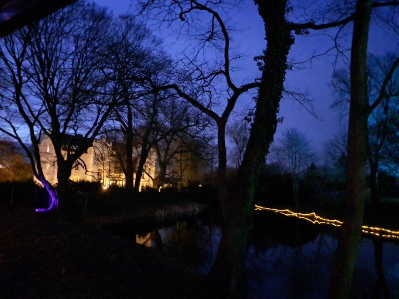 Blick über den Teich zum beleuchteten Schloss