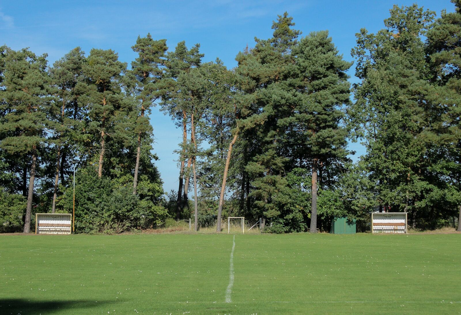 Sportplatz der SG Schköna mit beiden Toren vor dem Kiefernwald, Oktober 2026
